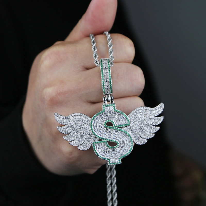 5A Cubic Zirconia Silver Gold Plated Hip Hop Jewelry for Men Boy Micro Pave CZ Diamond Angel Wing Dollar Shape Pendant