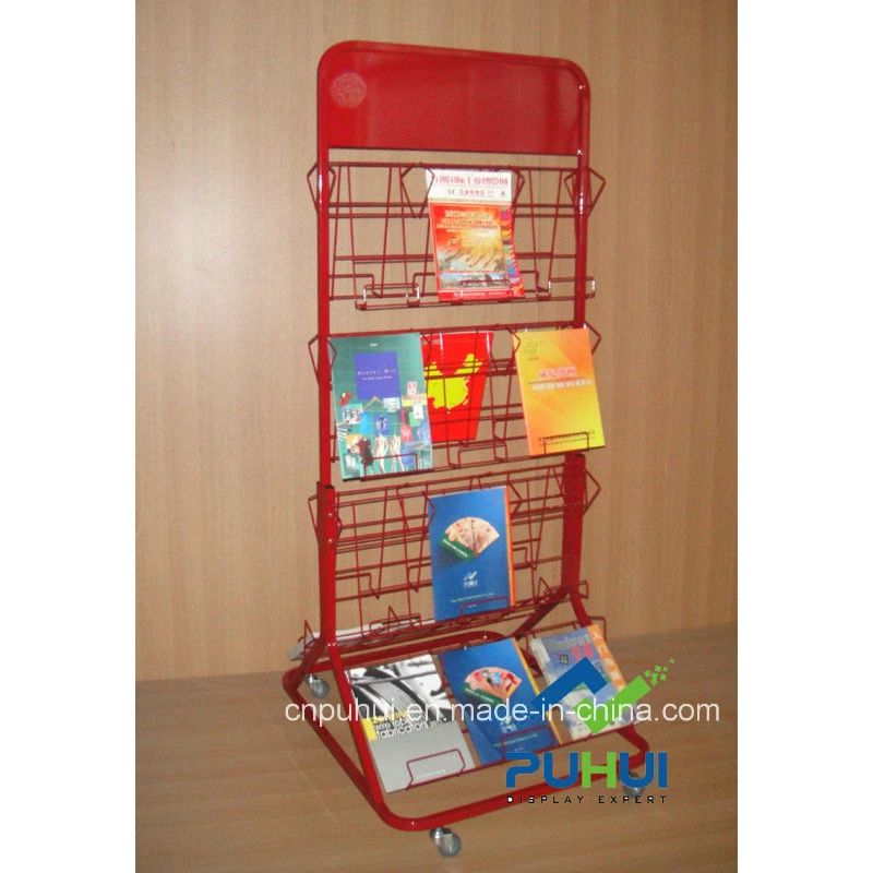 Floor Stand Steel Wire Frame Pocket Rotating Magazine Holder Calenda Rack Display (pH16-393)