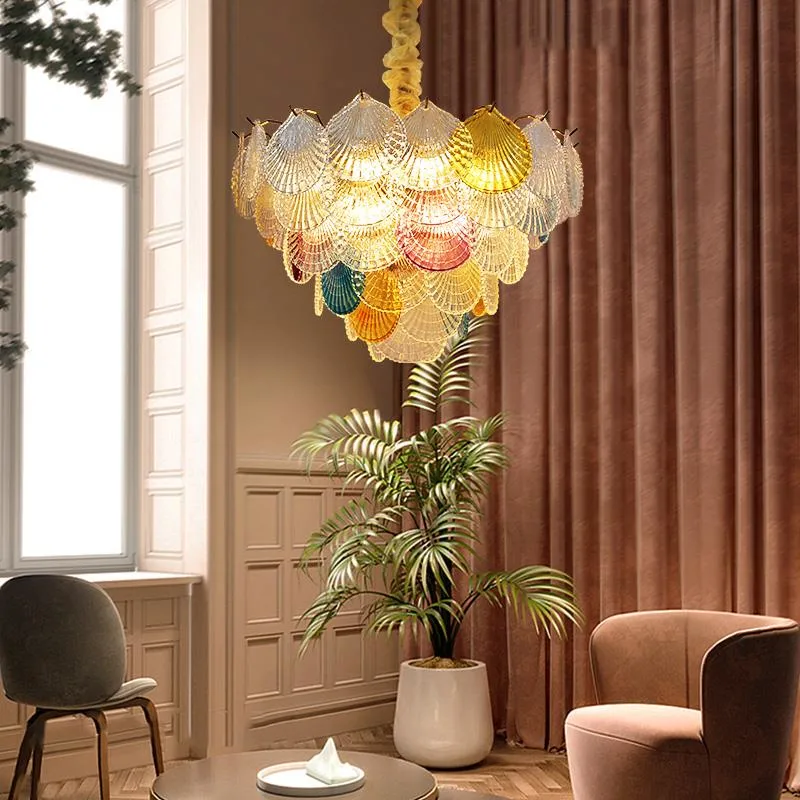 Leave Design Colorful Art Glass Pendant Light Chandelier Hanging Light Gold Color Colorful Glass