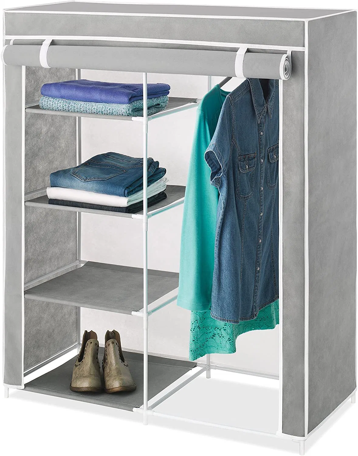 Portable Clothes Organizer Rolling Door Wardrobe Non-Woven Storage Rack for Bedroom Home Furniture