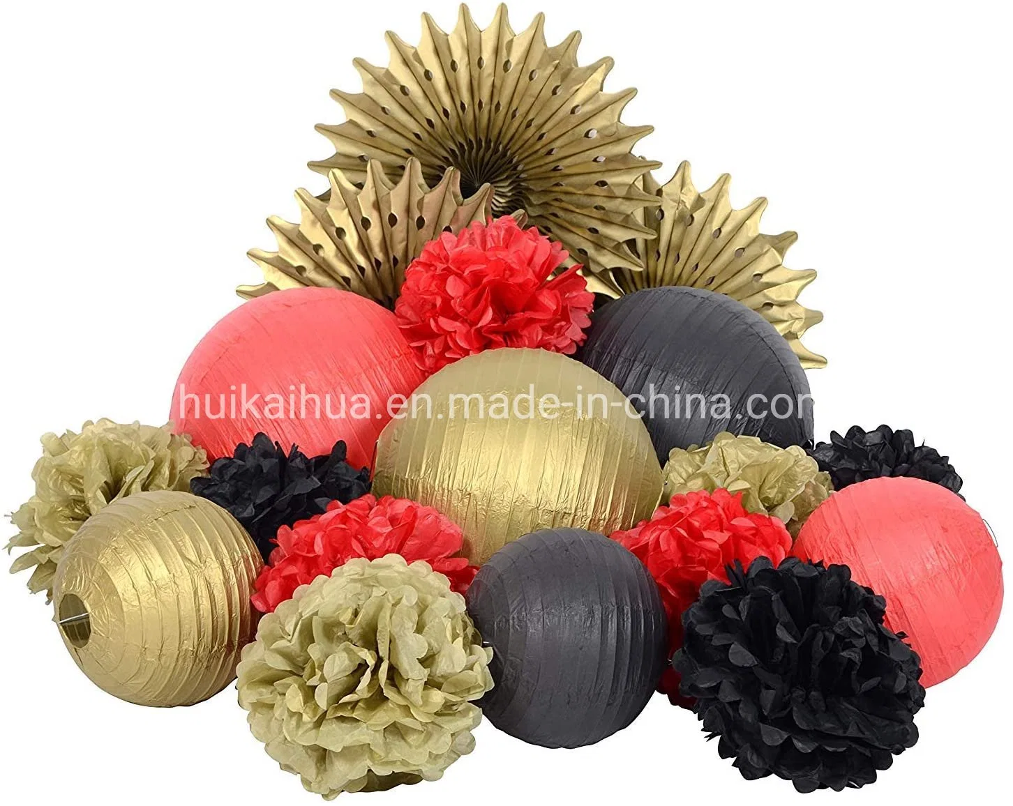 Fiesta de Año Nuevo de oro de vacaciones y fiestas temáticas de color negro Kit de decoración de papel tisú Linterna plegable Pom Pom Fan