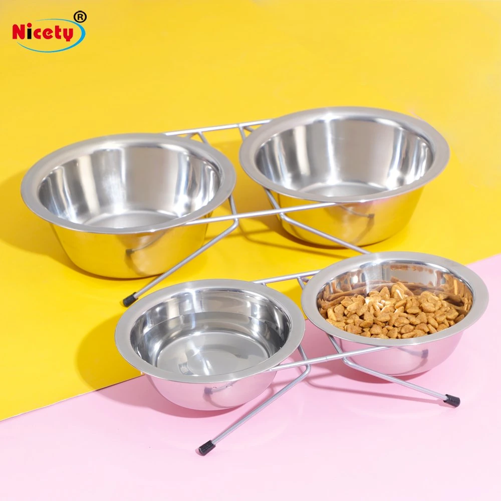 Pet Supplies Protect Cervical Spine Water Food Feeder Cat Dog Double Bowl with Stainless Steel Frame and Stainless Steel Bowl
