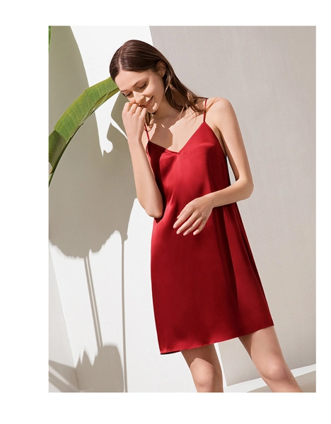 Solid Color Fabric Silk Short Slip Dress Sleepwear for Her