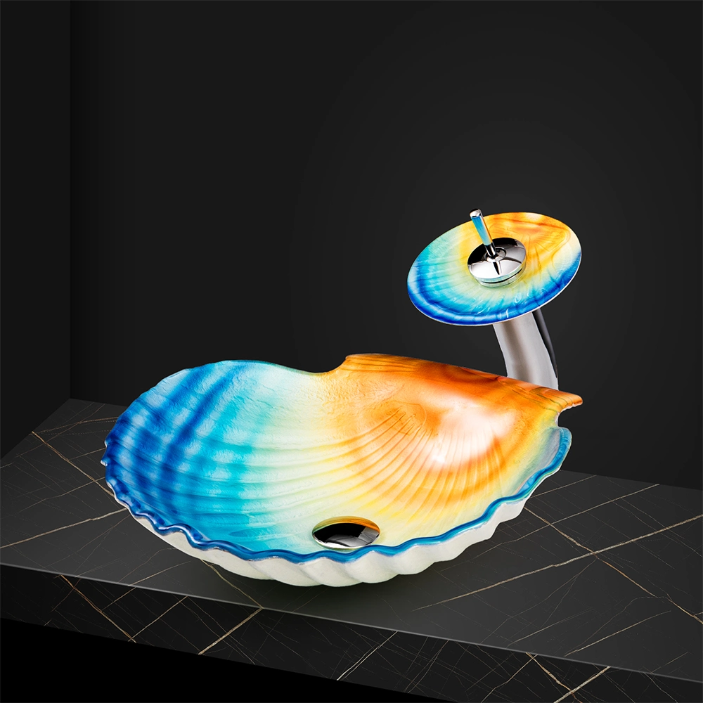 Blau Gradient Farbe Shell Form Badezimmer Eitelkeit Waschbecken Oben Zähler mit Wasserhahn