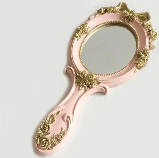 European Vintage Resin Wooden Makeup Mirror Handheld Carved Oval Mirror Portable Salon Mirror