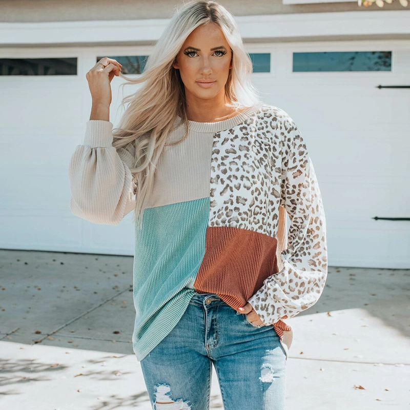 Leopard Print Kleidung Langarm Strickmode Damen Pullover Mit Rundhalsausschnitt Pullover