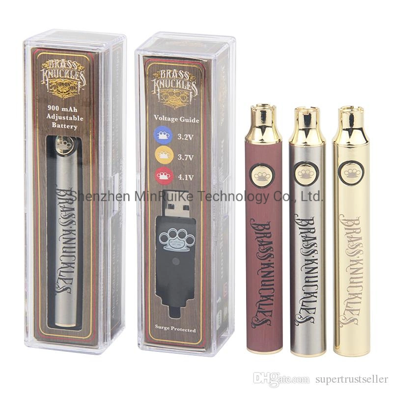 Bk Knuckles en laiton de la batterie des batteries E cigarette Vape stylo en bois d'or 900mAh Ss préchauffer VV pour cartouches d'huile d'une épaisseur de la batterie