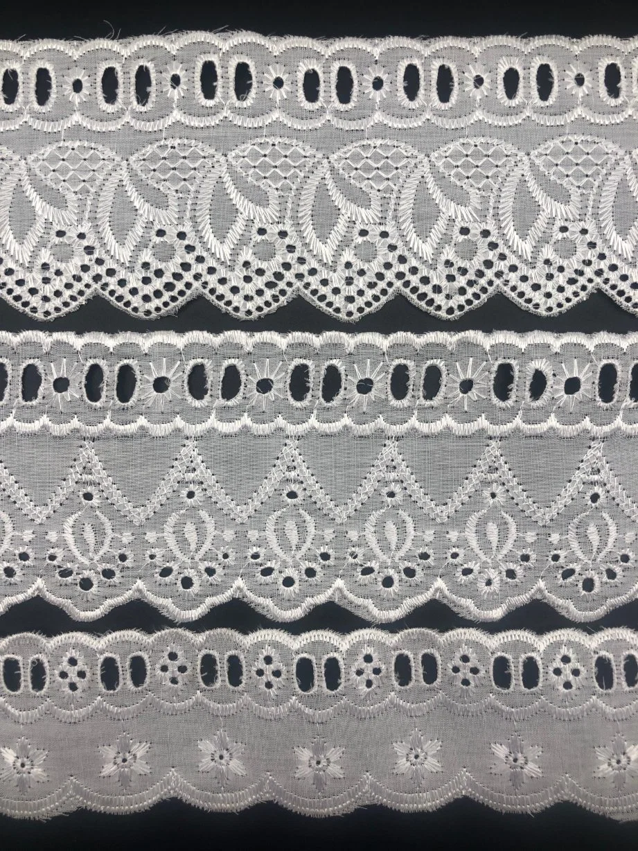 China Lace Factory Neues Design Blumenmuster Stickerei Tc Spitze Brautöse Polyester Spitze Stoff Textil Spitze für Bekleidungszubehör