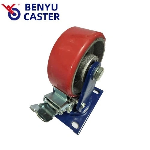 4/5/6/8 Inch Blue Holder Iron Core PU Caster Wheel with Flat Brake