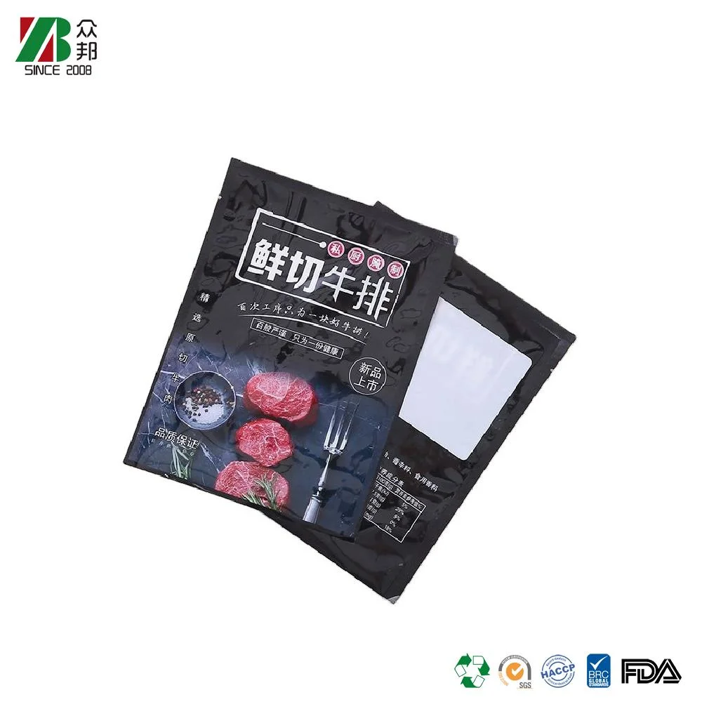 Sachet alimentaire en plastique sur mesure pour fruits de mer congelés, sac en aluminium pour viande de bœuf, emballage de steak.