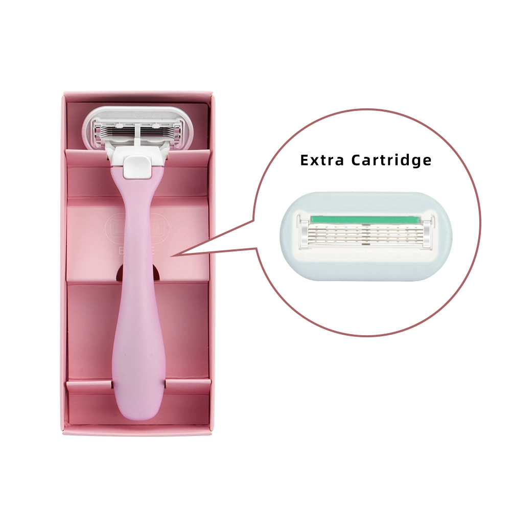 Pink New Style System Women Razor with Refill Cartridges Metal Handle 5 Blades Oval Head Hair Removal Body Shaving Razor