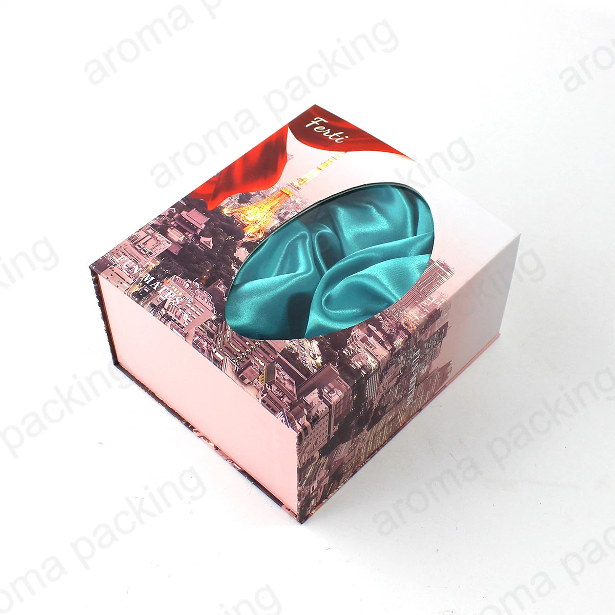 Nude Pink Magnetic Gift Box for Cosmetic Packaging with Silk Material and PVC Window