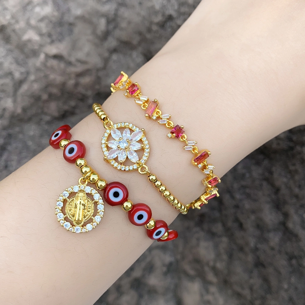 Gold Plated San Benito Bracelets for Women Red Evil Eye Beads Chain Adjustable Bracelets CZ Jewelry Gifts