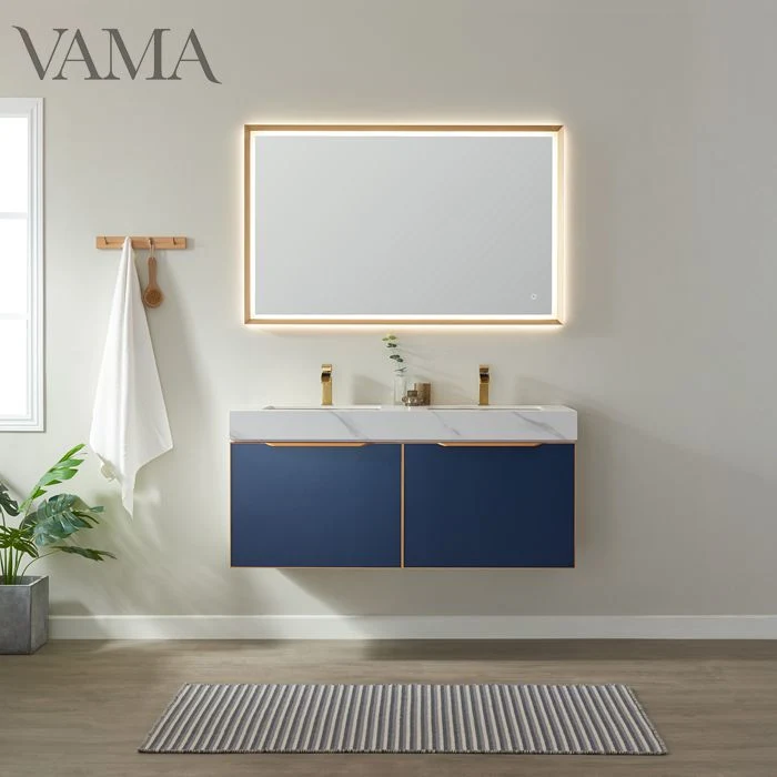 Vama 48 Inch Custom Made Hot Selling Stainless Steel Frame Wall Mounted Classic Blue Lacquer Double Sinks Bathroom Furniture B01448m