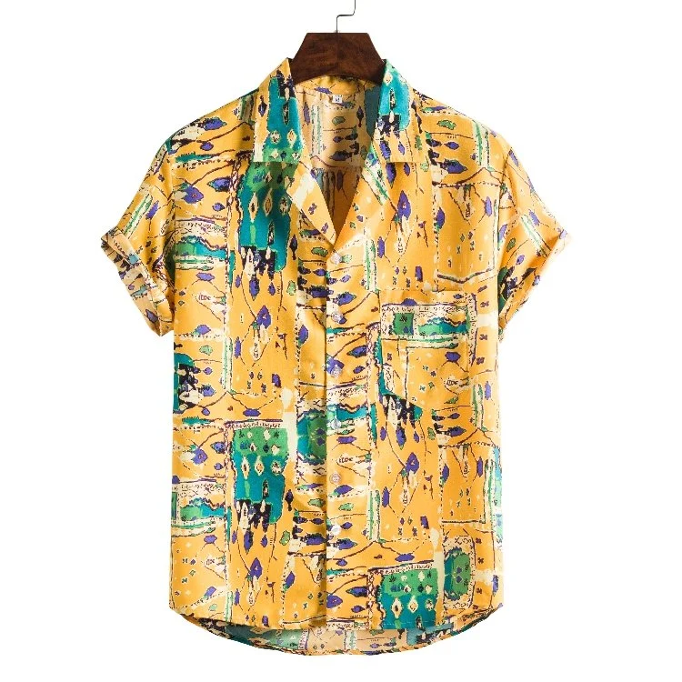 Cotton/Polyester Hawaiian Shirt for Men Color Blocks Short Sleeve