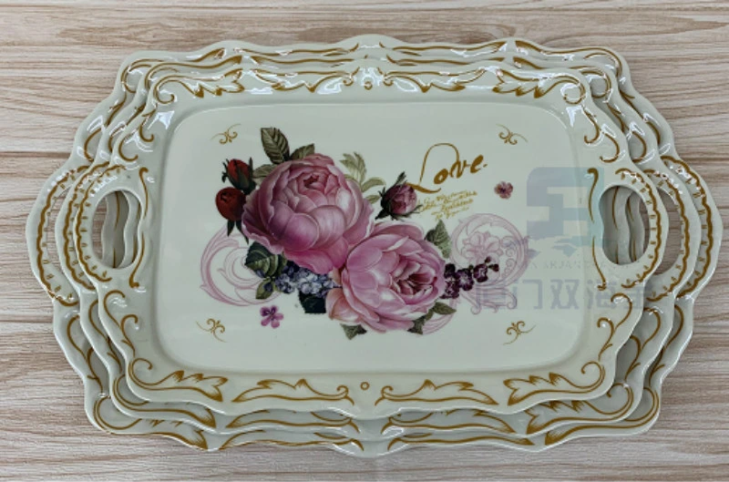 Custom Printed Melamine Rectangle Plastic Food Serving Tray Flower Design