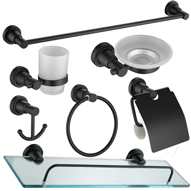 7 Pieces Matte Black Wallmounted Glass Racks Bathroom Accessories Set for Bathroom