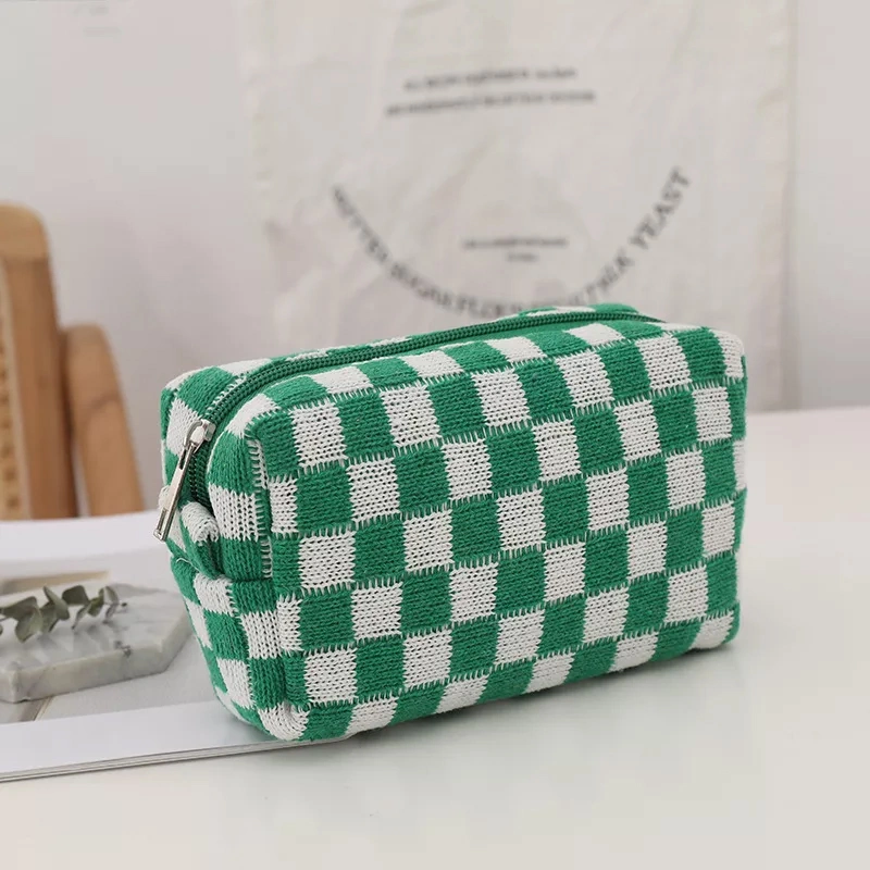 Retro Knit Plaid Portable Travel Cosmetic Storage Bag Women Makeup Organizer Stationery Bag Pencil Case Pen Box Student Supplies