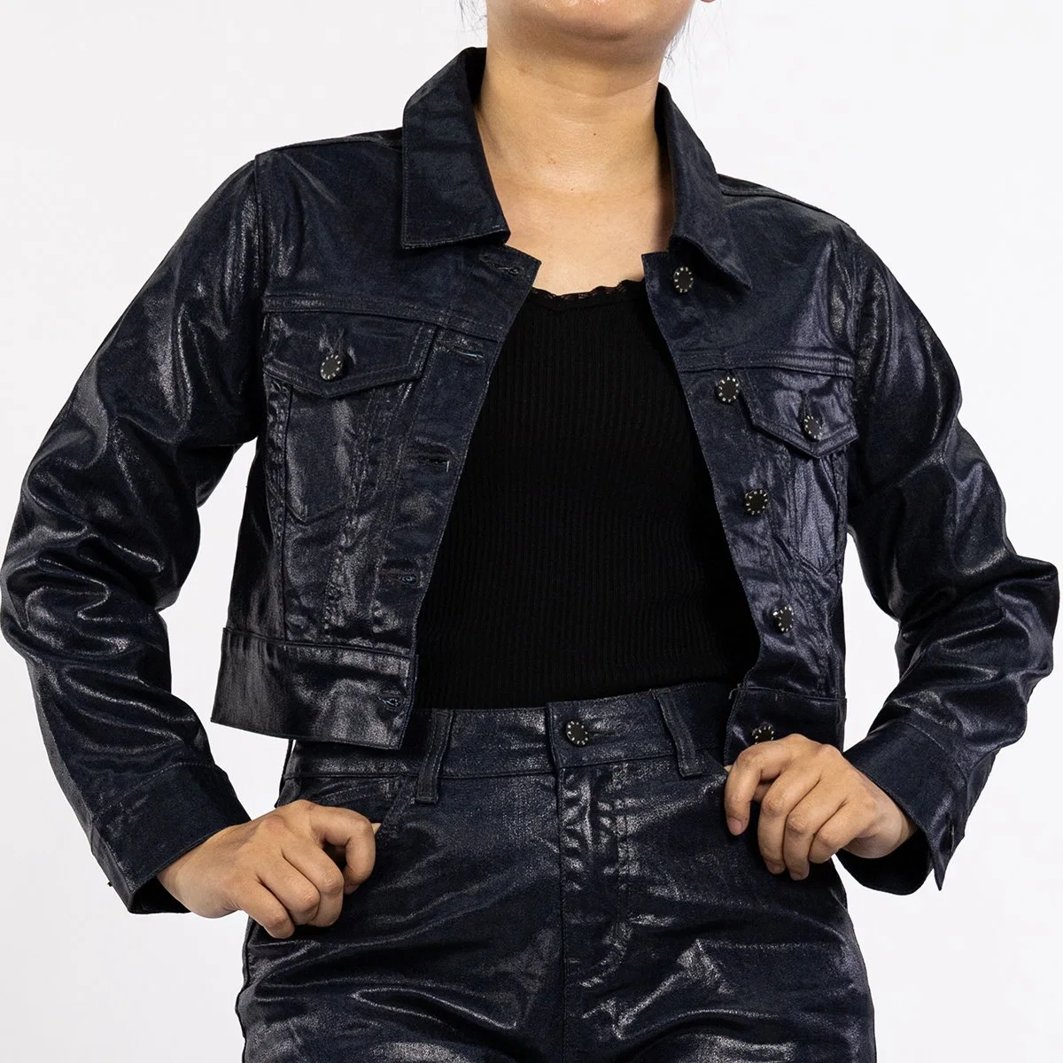 Custom Fashion Blue Casual Coated Waterproof Short Sexy Biker Jacket for Women