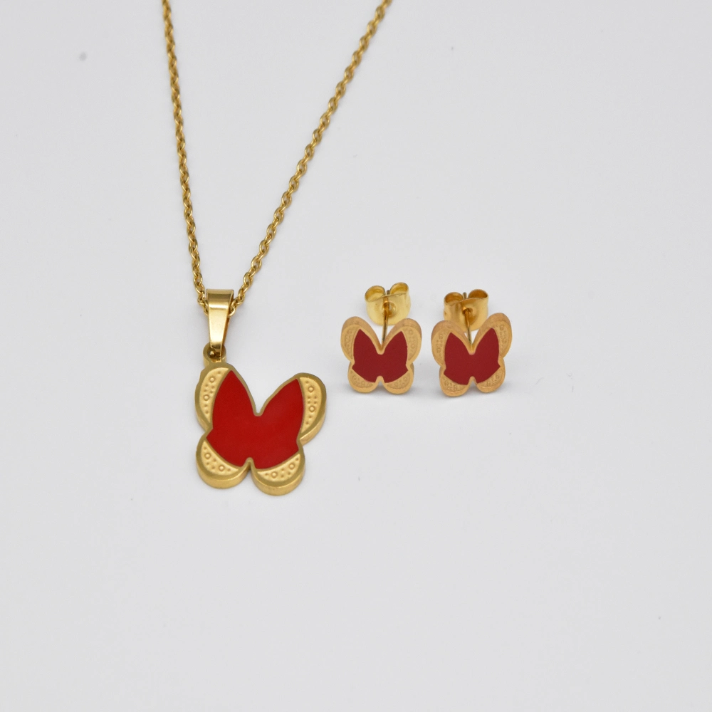 Wholesale Stainless Steel Women Necklace and Earrings Jewelry Set with Red Butterfly Design