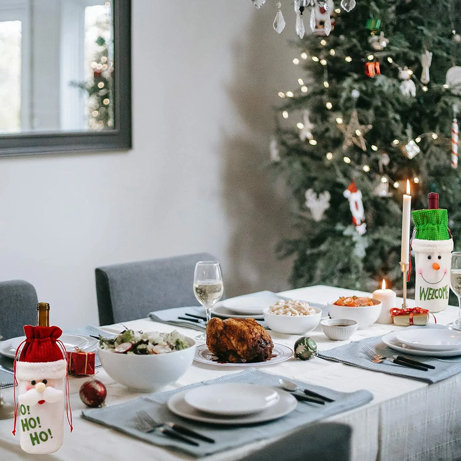 Bouteille de vin Sacs réutilisables de décorations de Noël Bonhomme de neige bouteille Santa Rennes couvre avec cordon