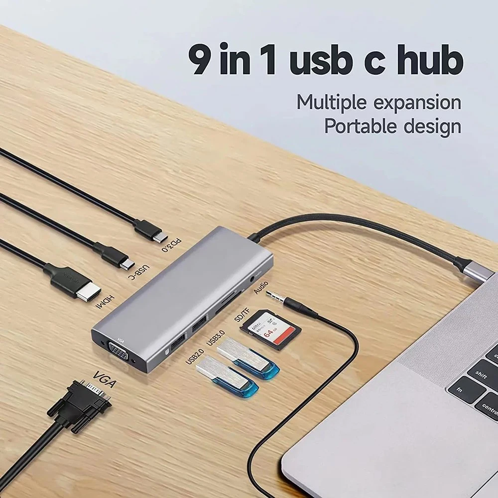 طلائع الألومنيوم 9 منافذ USB Hub 3.0 مقسّم 9 بوصات 1 محول من نوع C 3.0 USB Hub متعدد الوظائف 9 في موزع USB C واحد