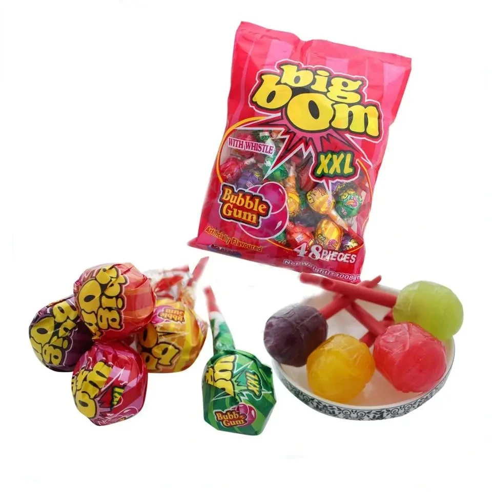 Halal para niños Más Vendidos silbato Stick fruto Forma bolas Bubble Gum Lollipops Candy