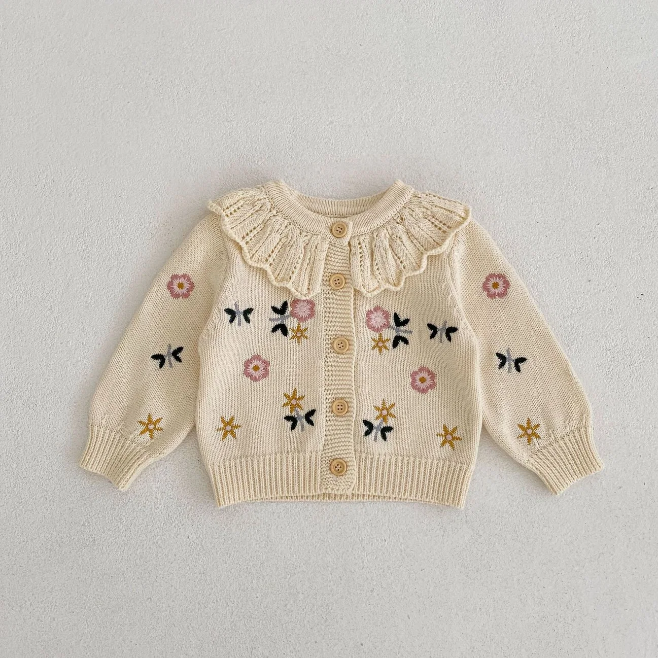 Spring Girl Baby Rompers Flowers Embroidered Lotus Leaf Collar Knitted Pure Cotton Baby Infant Sweater