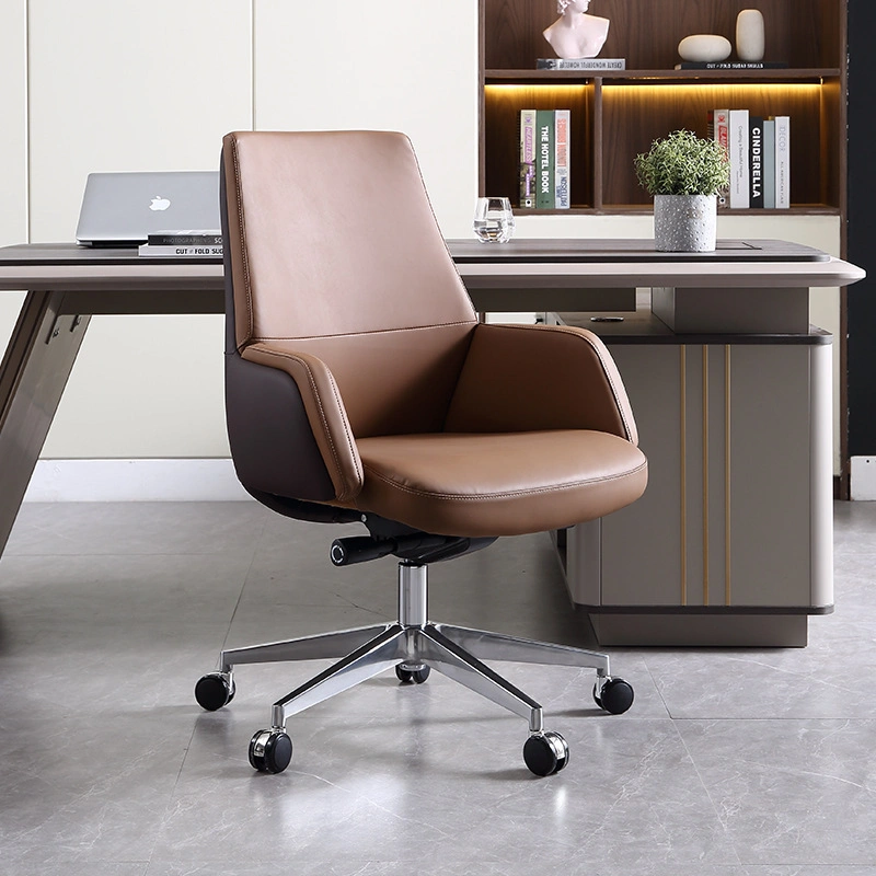 Chaise de bureau pivotante en cuir véritable exécutif ergonomique à dossier haut moderne