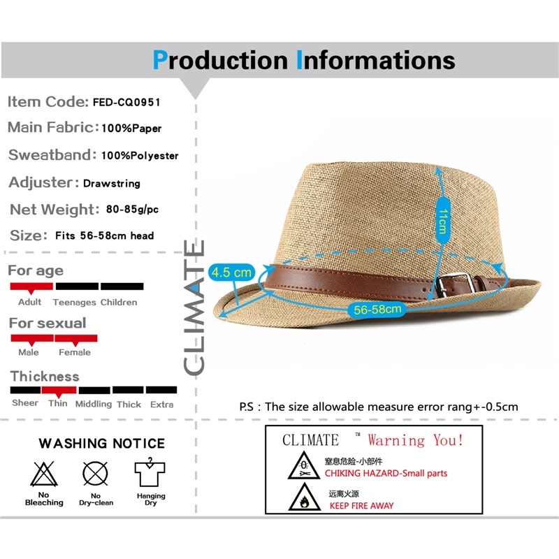 Climat Vintage Summer Straw Hat Cool Men Fedora Panama Paper Retro pour Man Solid Cap