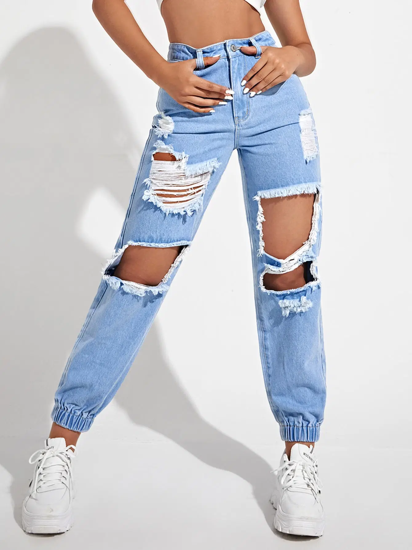 Hoch Taillierte Kratzlöcher Nicht-Stretch Qualität Elastan Unteren Saum Neu Fashion Lady Jeans Hellblaue Boyfrind Fit Jeans