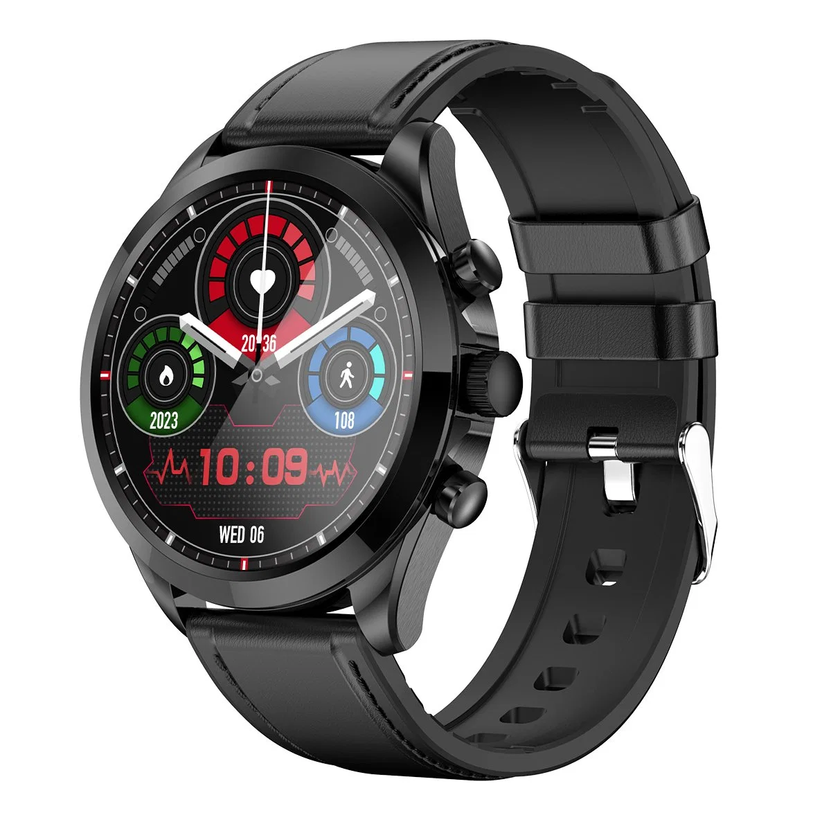 ET440 Bluetooth اتصال Smart Watch ECG HRV الهيكل درجة حرارة الجهاز مراقبة الصوت مساعد الصوت لياقة الهيكل، حزام الجلد - أسود