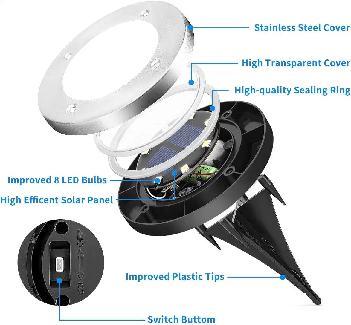 Edelstahl 8 LED Solar-Erdung Lichter IP44 Patio Pathway Wasserdichte Garten LED Solar begraben Licht Disk Light