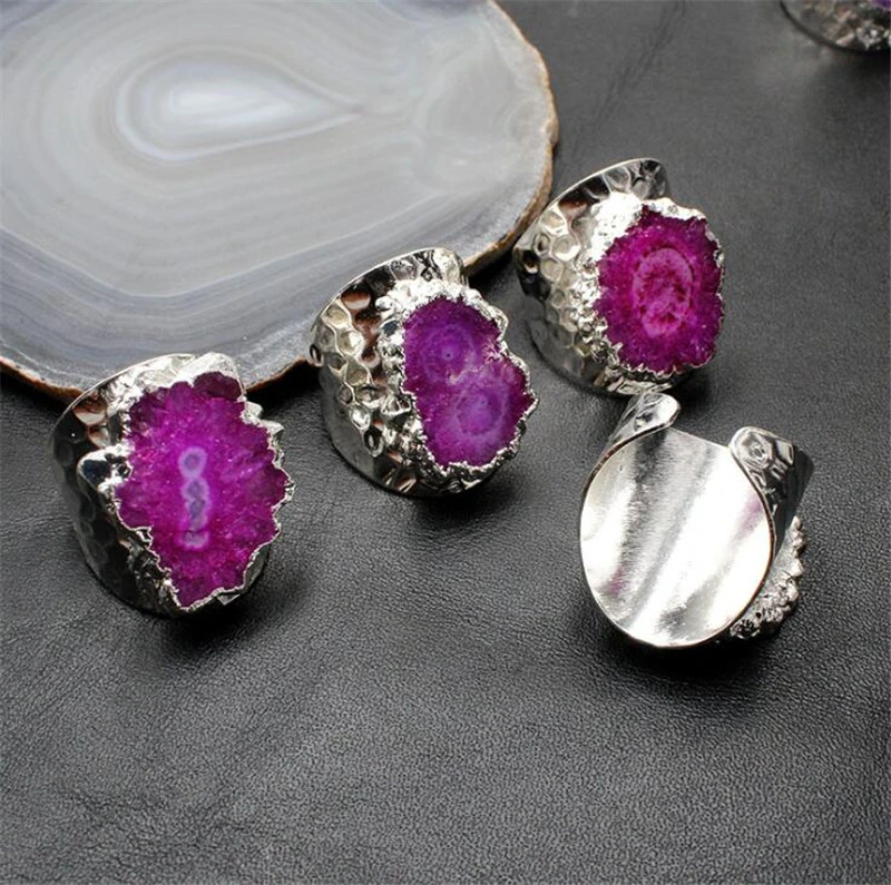 Wholesale/Supplier Natural Stone Agates Sunflower Crystal Geode Sun Agate Ring Plating Silver Irregular Ring