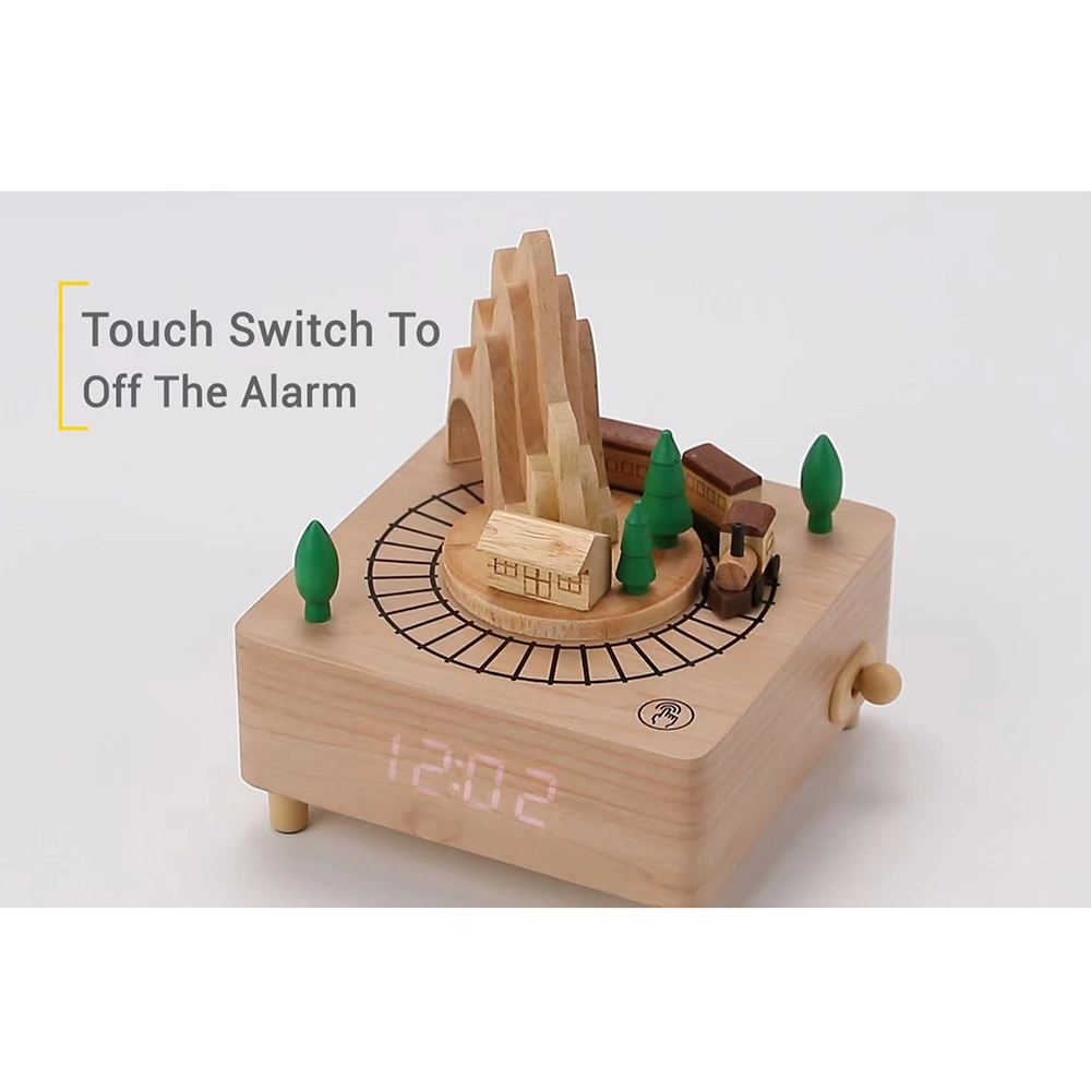 Children Gift Wooden Countryside Decorative Music Box LED Alarm Clock