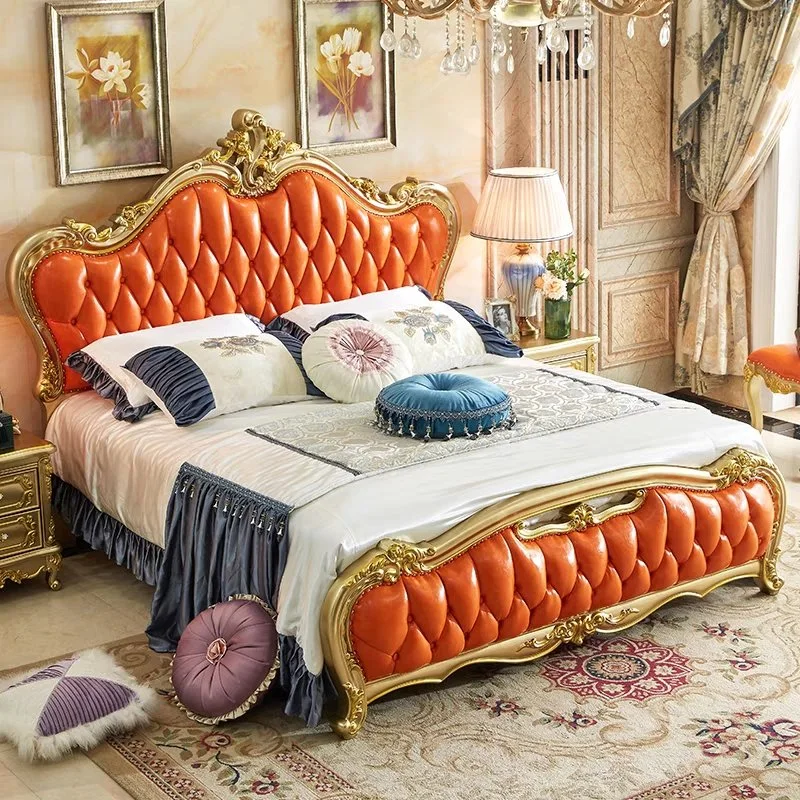 Wholesale Luxury Wooden Golden Bedroom Furniture Hotel King Leather Bed Set