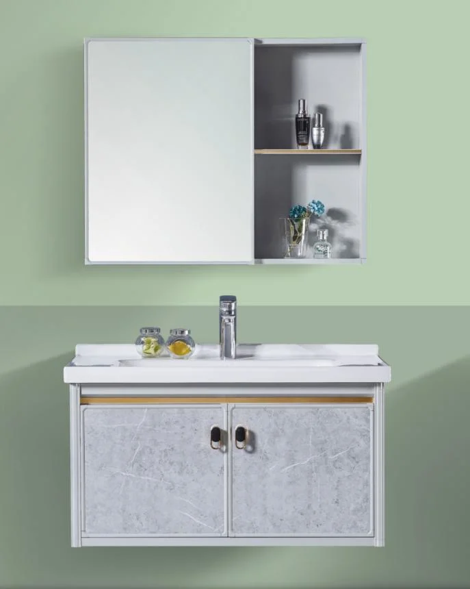 Modern Blue Bathroom Cabinet Door Double Handle Ceramic Sink Basin Makeup Aluminum Cabinet Basin Wall Mounted Vanity