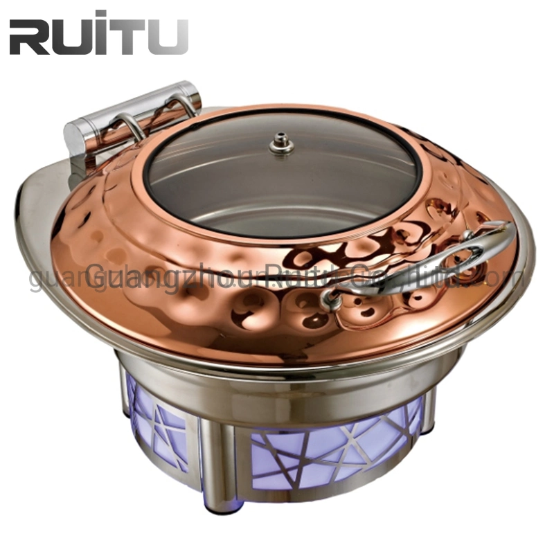 Ruitu Restaurant Equipment LED Electric Stand Hand Hammer Lid 9L Stainless Steel Chafing Dish Setting up with Glass Lid for Buffet Catering Chaffing Dishes Set