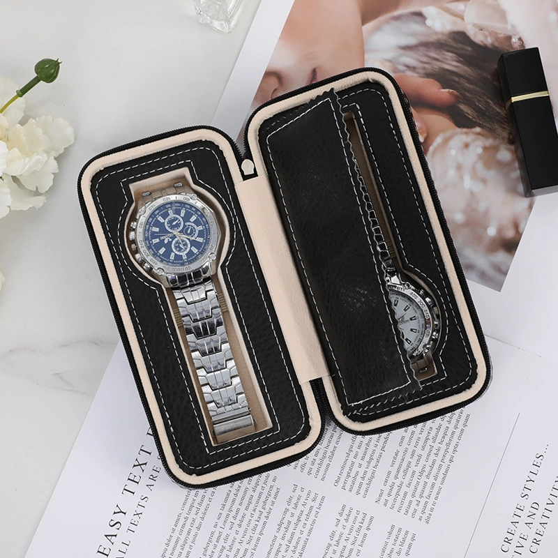 Spot Black Lychee Pattern 2 Slots Watch Storage Box European Fashion Exquisite Watch Leather Zipper Bag