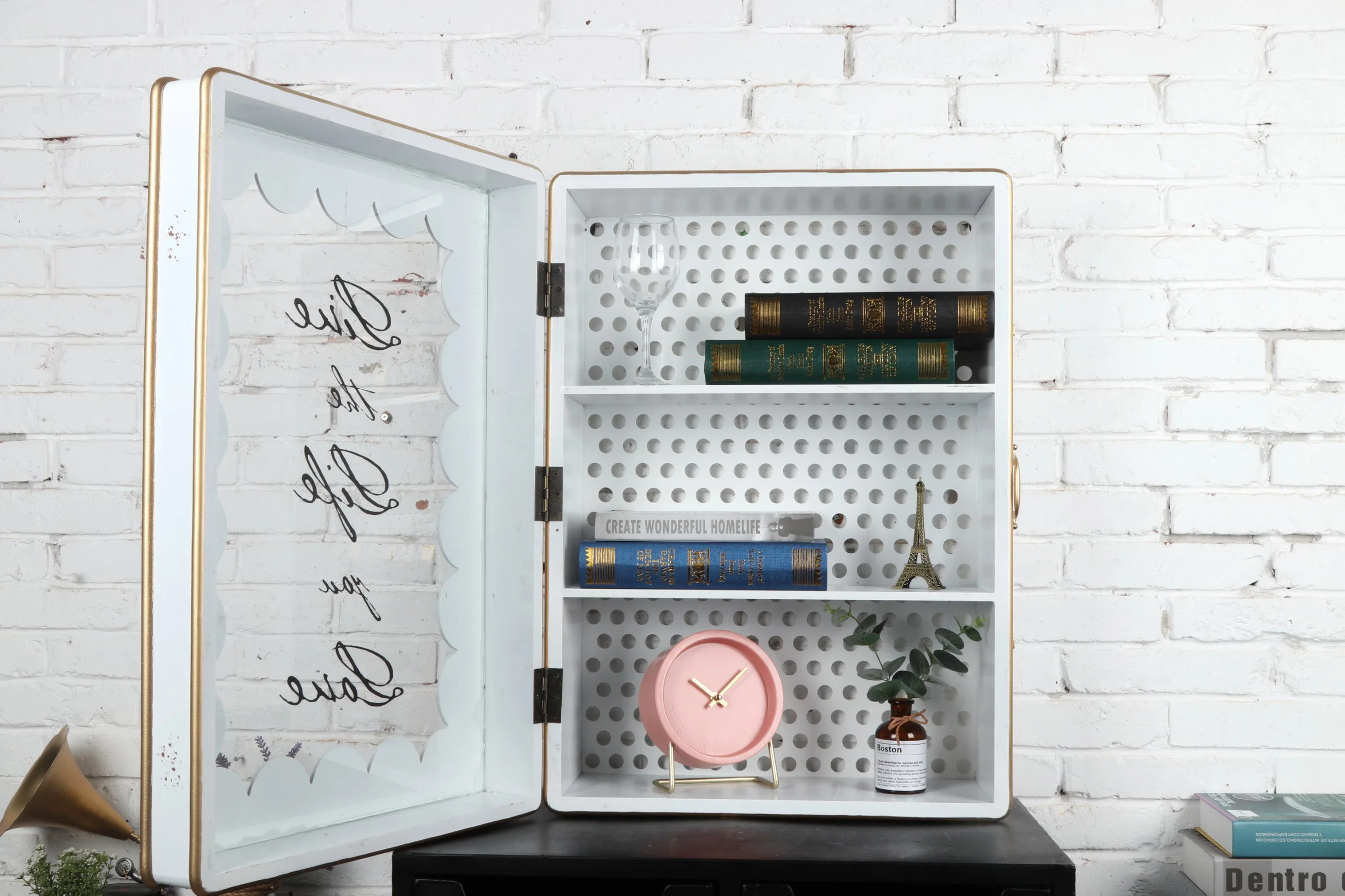 Rustic White with Golden Edge Wall Mounted Wooden Box Shelf