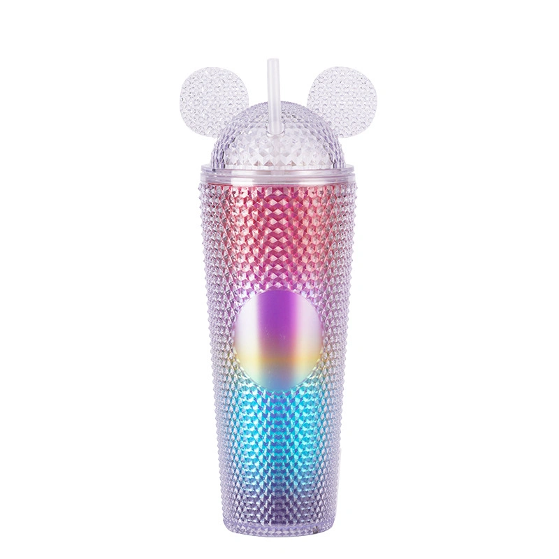 Hotsell Custom Logo Plastic 16oz 24oz Glitter Double Walled Diamond Tumbler Cup with Mouse Ears Lid