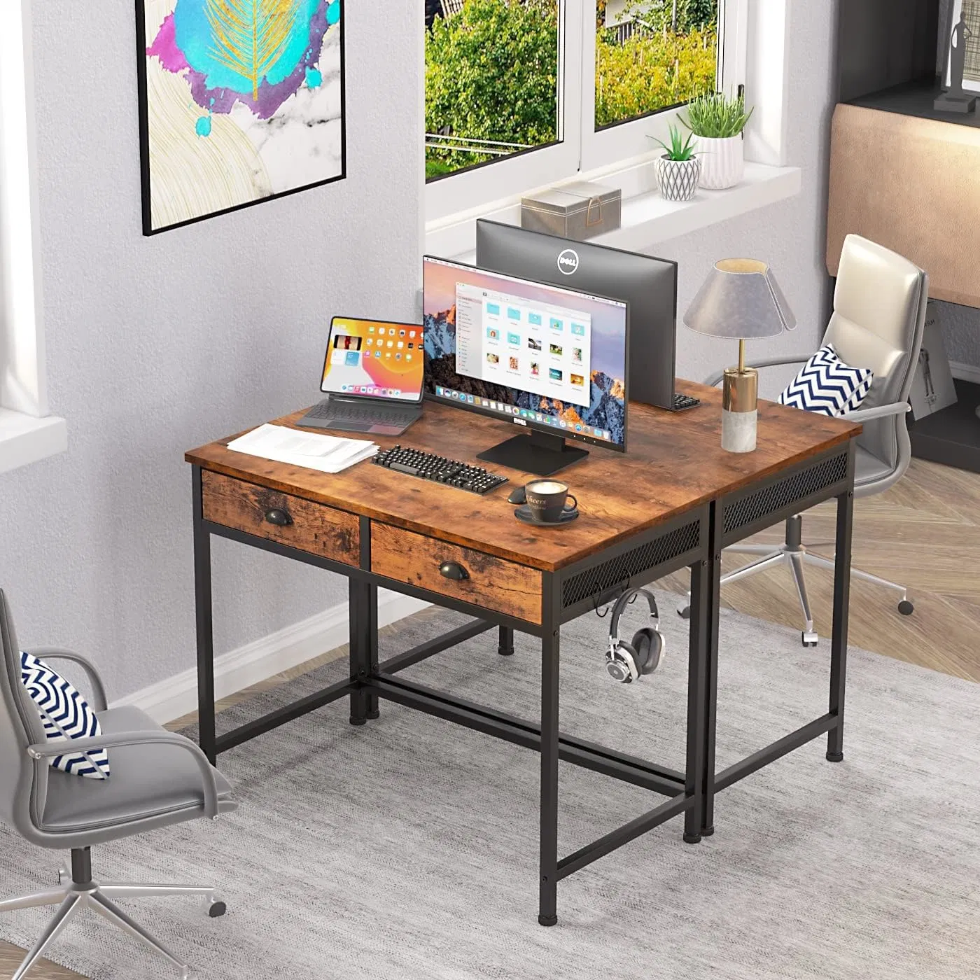 Computer Desk Small Home Office Writing Desk Vanity Desk Antique Office Furniture with Hooks Simple Study Desk for Small Spaces Makeup Dressing Table