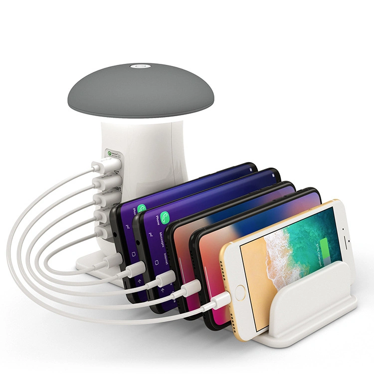 Mushroom Lamp LED 5-Port Charger Station iPod Cell Phone QC3.0 Fast Charging Stand