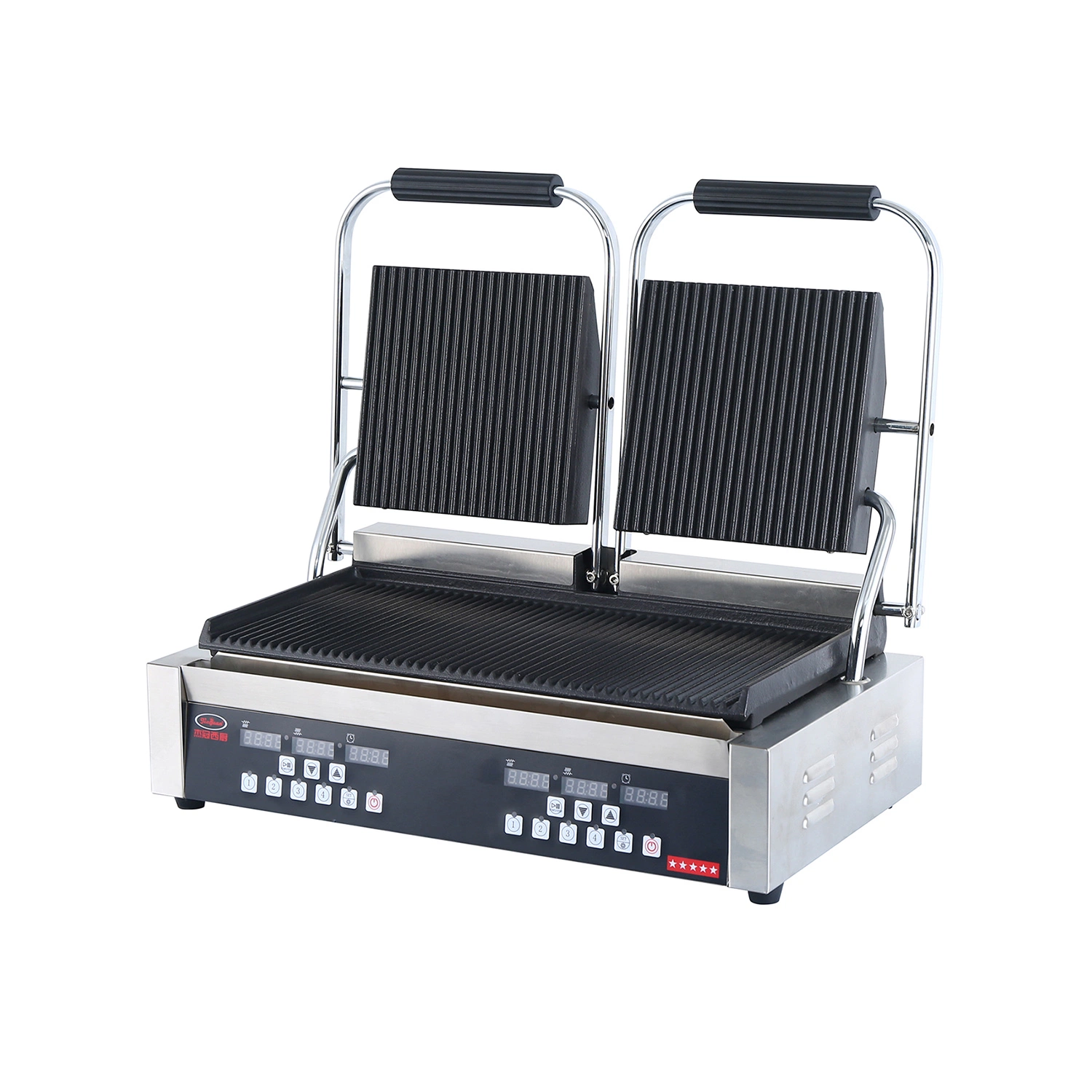 Double Plate Electric All Grooved Commercial Panini Contact Grill with Digital