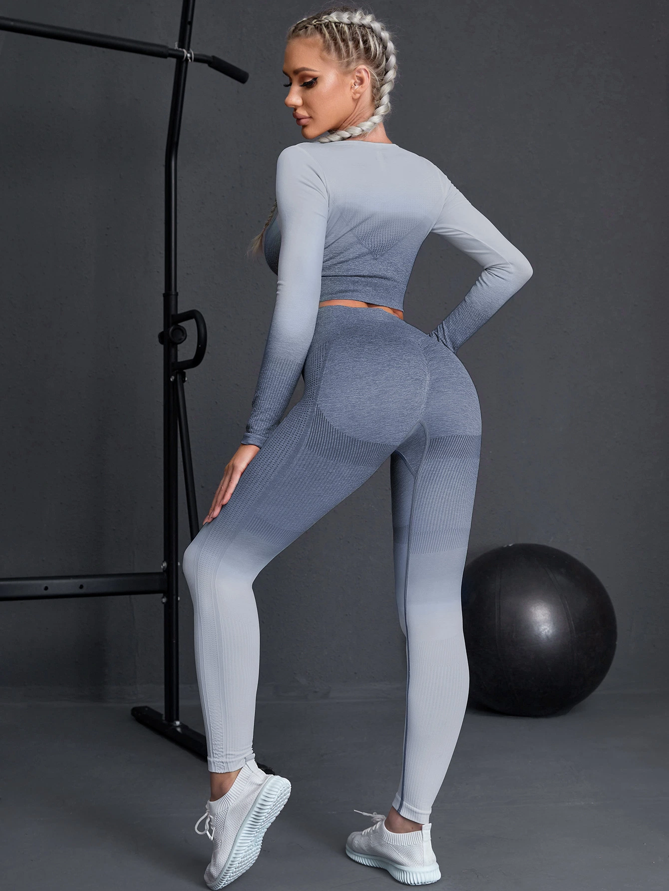 Ombre Ginástica Mulheres Sport Suit Desgaste Fitness Sportswear Perneiras perfeita Camisetas de manga longa desportos almofadado Bras Vestuário de exercícios conjuntos de ioga