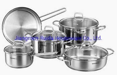 New Arrival in Fashion Glass Lid 9PCS Straight Shape Stainless Steel Kitchenware Set Wholesale Full Size with Stainless Steel Handle
