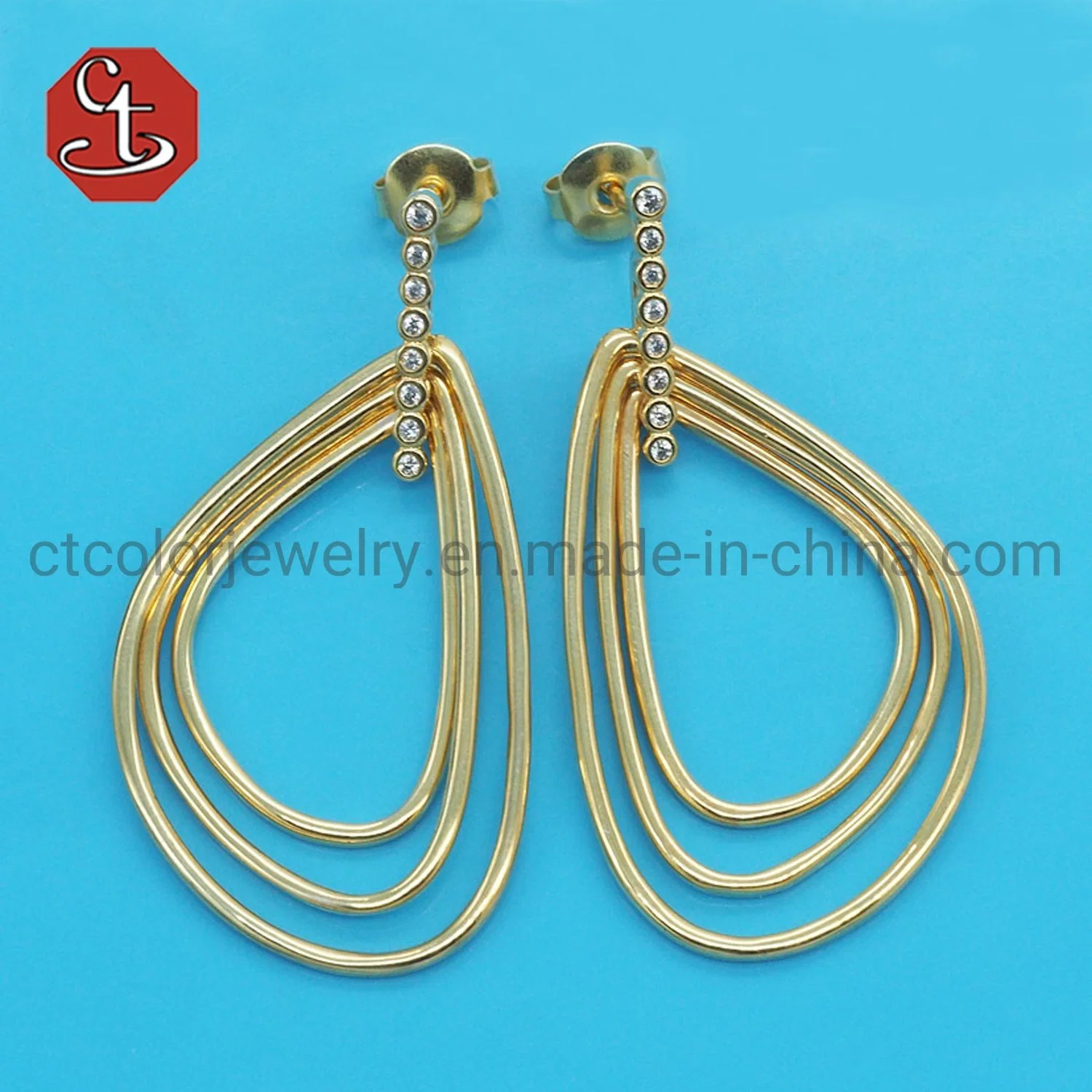 European and American Hot Sales Style & Few Bazel CZ Triangle Drop Dangle Earrings Brass & Silver Jewelry