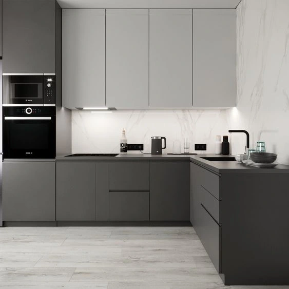 Modern Drak and Light Gray Matte Lacquer Wooden Kitchen Cabinet