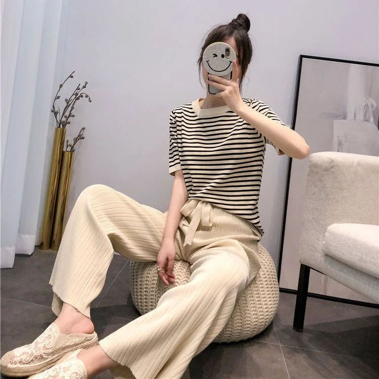 Ice Silk Knitted Suit 2023 Summer Crew Neck Striped Top Foreign Style Straight Lace-up Casual Pants Knitted Two-Piece Set