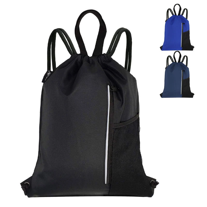 Custom Large Capacity Polyester Black Backpack Outdoor Gym Sports Bundle Drawstring Bag with Pocket